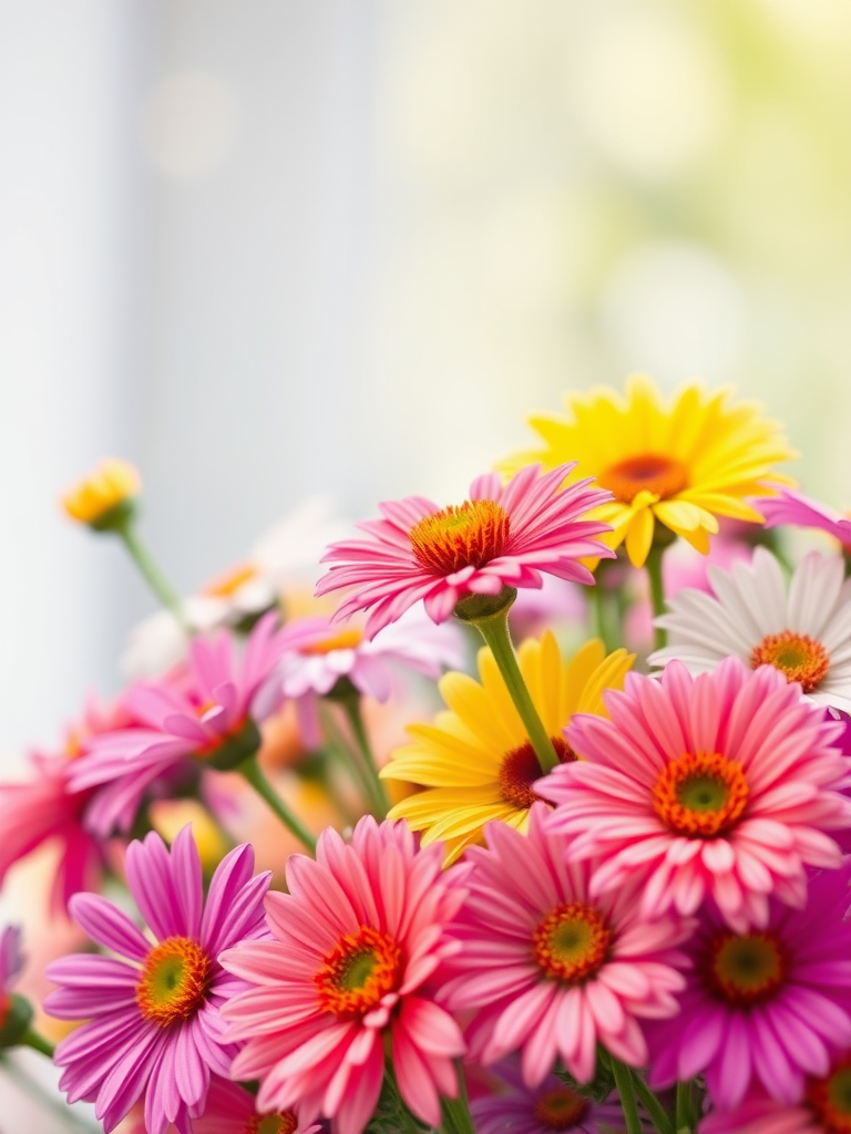 Create an image of colorful flowers in bright shades, capturing a vibrant and cheerful arrangement with a shallow depth of field, using a DSLR camera at f/2.8, 50mm lens, ISO 100, soft natural light, and ensure high contrast and saturation for enhanced color quality.