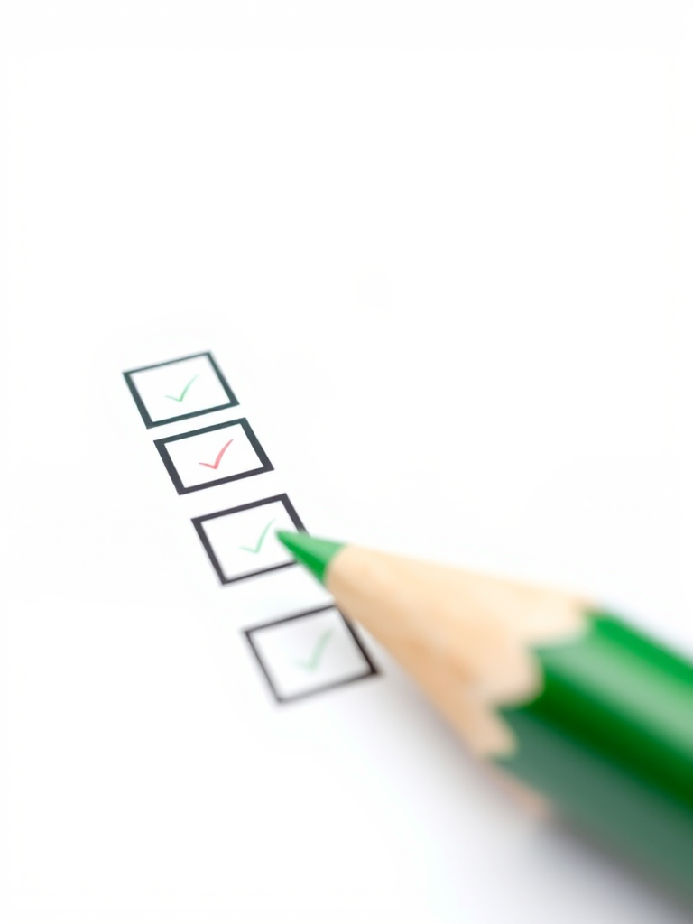 Create a detailed illustration of a large green pencil checking off items on a checklist, with three boxes and two checks visible, using a soft focus effect, ISO 100, f/4 aperture, 50mm lens, and a clean white background to enhance clarity and contrast.