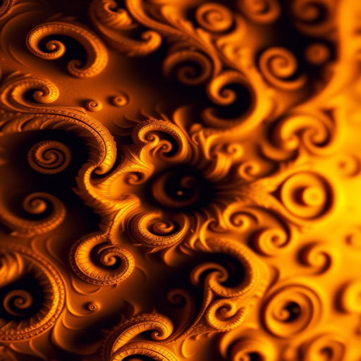 Generate a high-resolution fractal pattern with intricate swirling designs in warm golden-orange tones, using a macro lens at f/2.8, 1/125s shutter speed, ISO 100, and a focus on texture and detail to enhance visual depth.