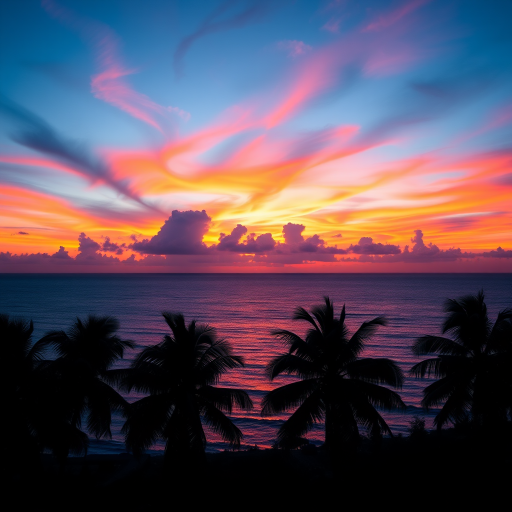Create a high-resolution image of a vibrant, colorful sunset over a calm ocean with silhouettes of palm trees in the foreground, captured with a Canon EOS R5, 24mm lens, aperture f/8, shutter speed 1/125s, ISO 100, with a wide-angle view in landscape orientation for enhanced depth and detail.