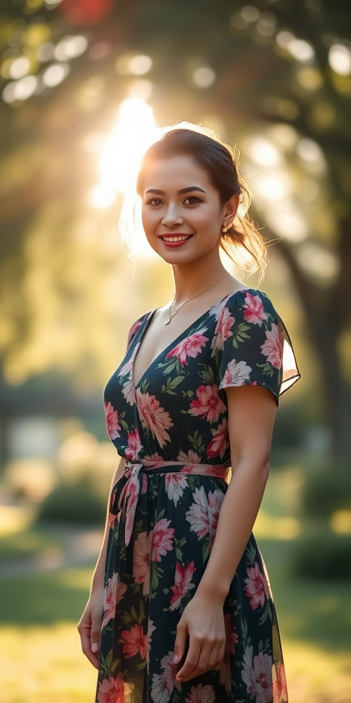 portrait of a woman in a floral dress standing in a sunlit outdoor setting with a soft bokeh background using a Canon EOS R5, 50mm lens, aperture f/1.8, ISO 100, 1/250s
