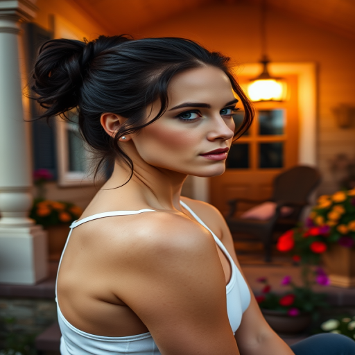 A photo of Natalie Portman with a background of a cozy porch. She has dark hair pulled back in an updo, with tendrils framing her face. She wears a white tank top and sits on the porch. The porch is part of a well-lit home with a warm, earthy tone and colorful flowers and foliage. The overall scene has a warm, welcoming, and comfortable ambiance.