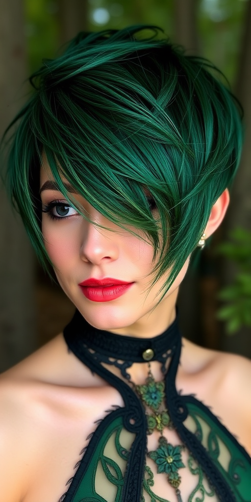 Deep emerald green pixie cut with long, side-swept bangs and metallic gold tips, creating a bold and enchanting forest nymph-inspired look named Sylvan Shimmer