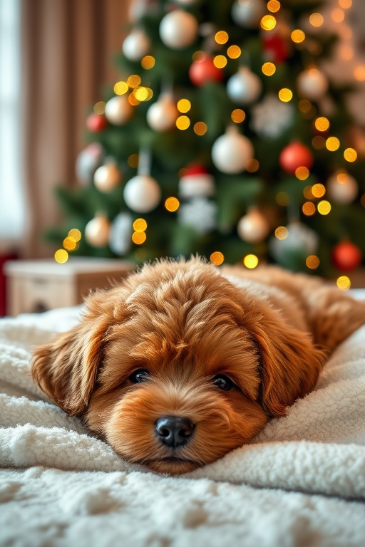 Generate an image of a fluffy brown dog relaxing on a cozy white blanket. The background features a beautifully decorated Christmas tree with soft, glowing lights. The setting should feel warm and festive, capturing a peaceful holiday atmosphere.