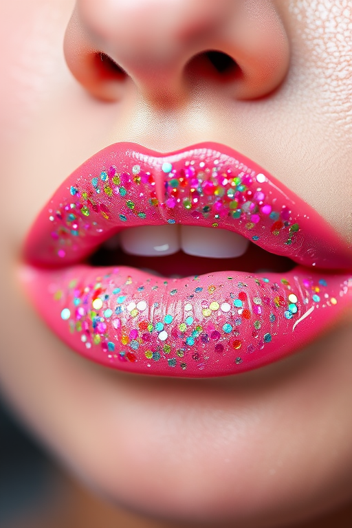 Glitter-infused clear lip gloss named "Diamond Dew," packed with multi-colored sparkles for a dazzling, jewel-like effect