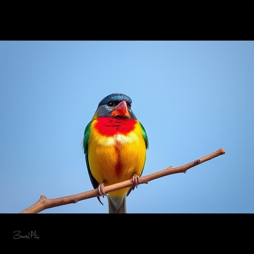 Capture a vibrant bird perched on a branch against a soft blue sky, using a Canon EOS 5D Mark IV, 70mm lens, aperture f/4, shutter speed 1/500s, ISO 200, with a shallow depth of field and natural light for enhanced clarity and detail.
