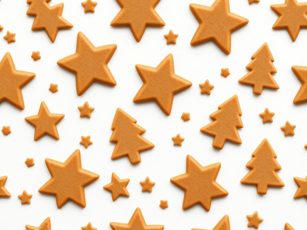 Create a seamless pattern featuring gingerbread shapes like stars and trees on a white background, using a high-resolution digital illustration with a 50mm lens, f/8 aperture, and natural soft lighting to enhance texture and detail.
