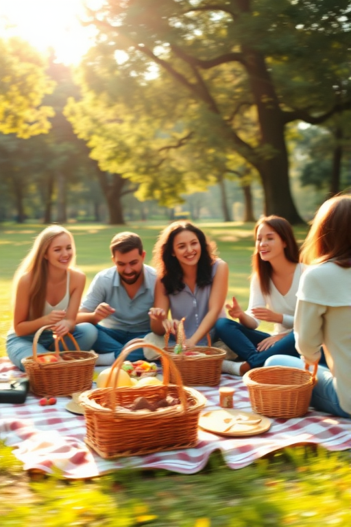 Blurry action shot of a group of friends enjoying a picnic in the park, soft sunlight filtering through the trees, with a blanket spread out and baskets filled with food.