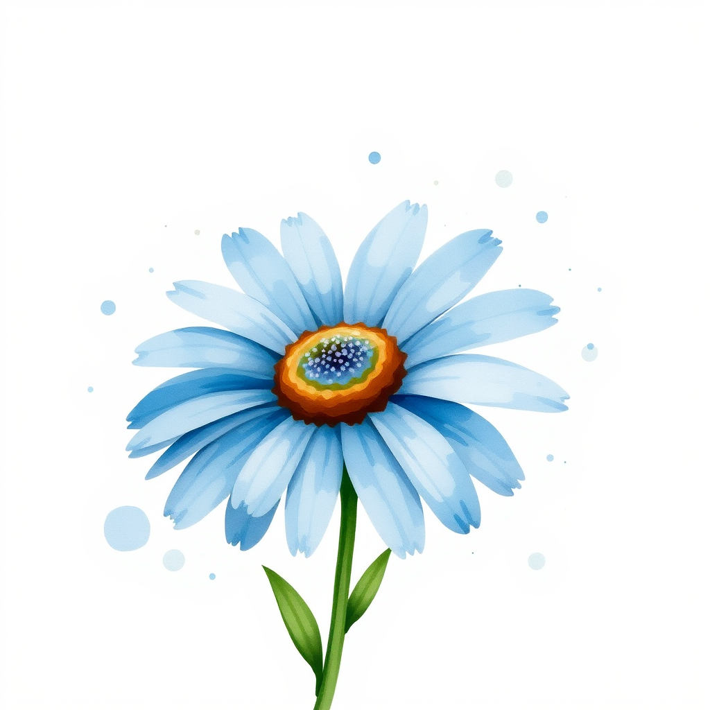 A single blue daisy flower in a loose, whimsical watercolor style. The petals are unevenly spread, with soft blue and brown tones. The stem is thin and slightly curved, with two green leaves, while watercolor splatters create an organic, artistic effect around the flower. The background is light beige with natural watercolor textures and splashes.