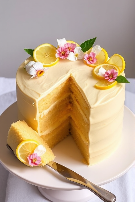 A three-layer lemon cake decorated with edible flowers and lemon slices on a white plate with a silver cake server beside it. The cake is light yellow with a smooth icing and has a slice cut out to reveal the layered interior.