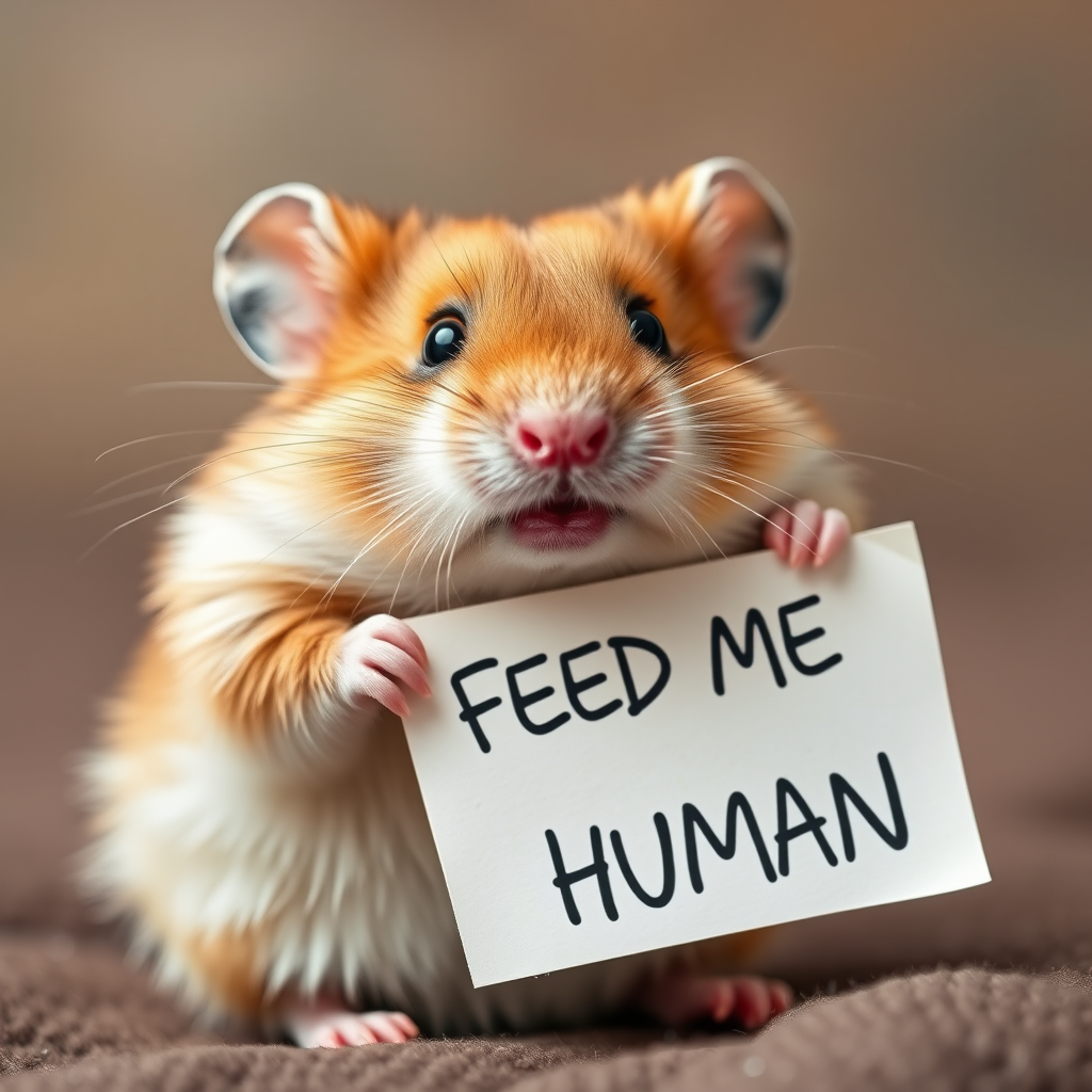 hamster holding a note which says "FEED ME HUMAN"