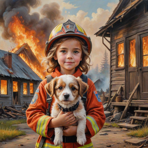 airbrushed oil painting, pixar style, cute little girl in fireman gear, helmet, tousled hair, expressive eyes, standing in the doorstep of a cottage burning behind him, holding a cute little dog in her arm, atumn sky