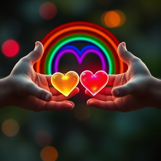 Create an image of two hands reaching towards each other with a colorful rainbow arc of glowing hearts in between, captured using a Canon EOS R5 at f/2.8, ISO 100, 1/125s, in a close-up shot with a soft focus background to enhance the details of the hearts and hands.