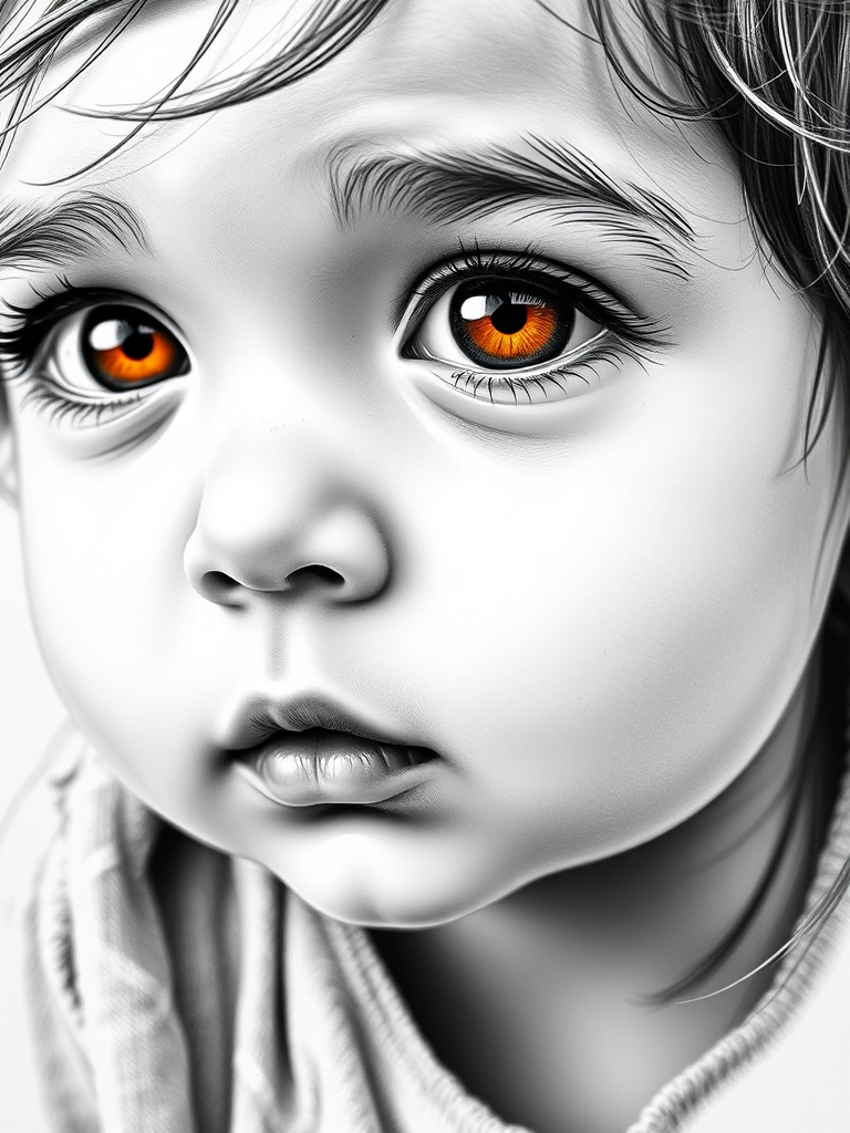 A hyperdetailed photorealistic black and white sketch of a beautiful toddler with deep orange eyes, with a macro focus