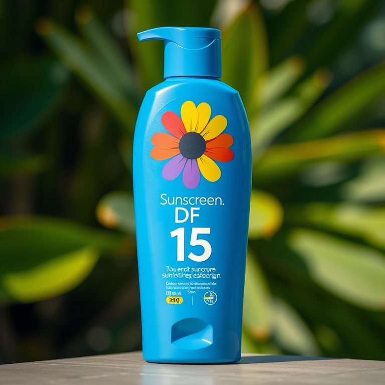 Create a high-resolution image of a blue sunscreen bottle with a colorful flower logo labeled DF 15, using a DSLR camera, 50mm lens, f/2.8 aperture, ISO 100, and natural light to enhance clarity and colors.