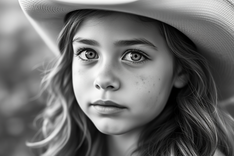 create a close-up portrait of a young girl with long wavy hair and freckles wearing a cowboy hat, in black and white, with soft focus background, using a Canon EOS R5, 85mm lens, aperture f/1.8, ISO 100, natural light, shallow depth of field.