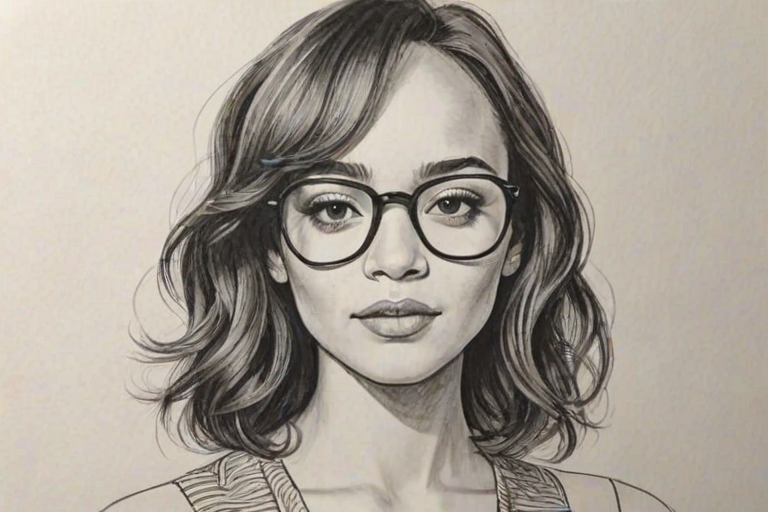 Fetching Ashley Madekwe, pencil sketch, portrait of Pleasing woman 1980s in glasses, hair style beatnik, outline, clear lines, fine lines, 8k