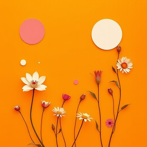 Generate a minimalistic illustration of abstract flowers and shapes with an orange background, using a high-resolution digital camera, aperture f/5.6, ISO 100, 50mm lens, capturing a flat lay view in a vibrant, artistic style.
