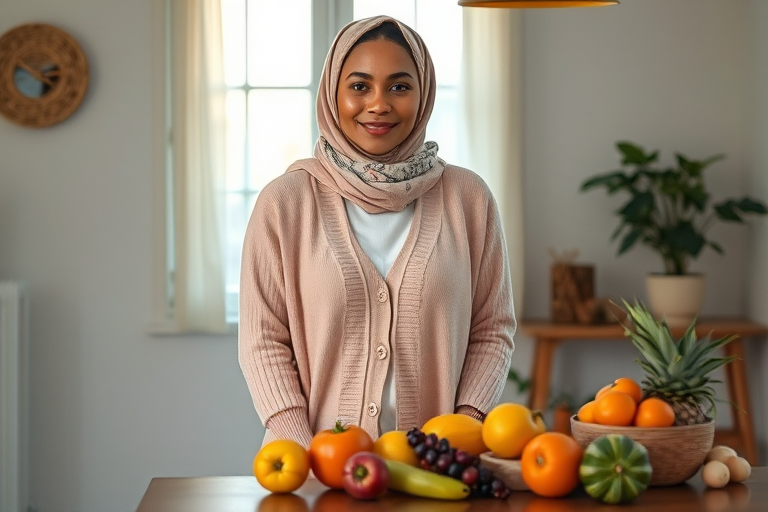 Regenerate the image of a woman standing in a softly lit room, wearing a pastel cardigan and headscarf, surrounded by a variety of colorful fruits on a wooden table, using a Canon EOS R5 camera, with a 50mm f/1.2 lens, aperture set to f/2.8, ISO 100, and a slightly upward angle for a warm, inviting atmosphere.