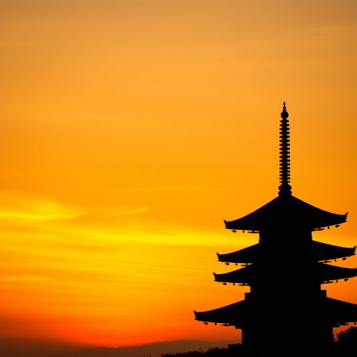 silhouette of a traditional pagoda against a vibrant sunset gradient background with rich orange and yellow hues, captured with a DSLR camera at f/8 aperture, ISO 200, 50mm lens, using a wide-angle view for enhanced depth and clarity