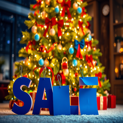 Create a festive digital illustration of a shimmering Christmas tree adorned with colorful lights and ribbons, featuring large bold blue sale tags prominently in the foreground, captured with a DSLR camera at f/2.8, 50mm lens, ISO 100, in a low-light setting to enhance the twinkling effect and add depth to the background.