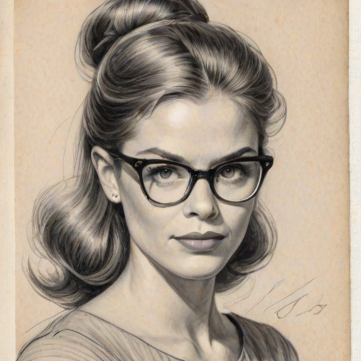 Fascinating Samantha Ponder, pencil sketch, portrait of Bewitching woman 1953s in glasses, hair style beatnik, outline, clear lines, fine lines, 8k