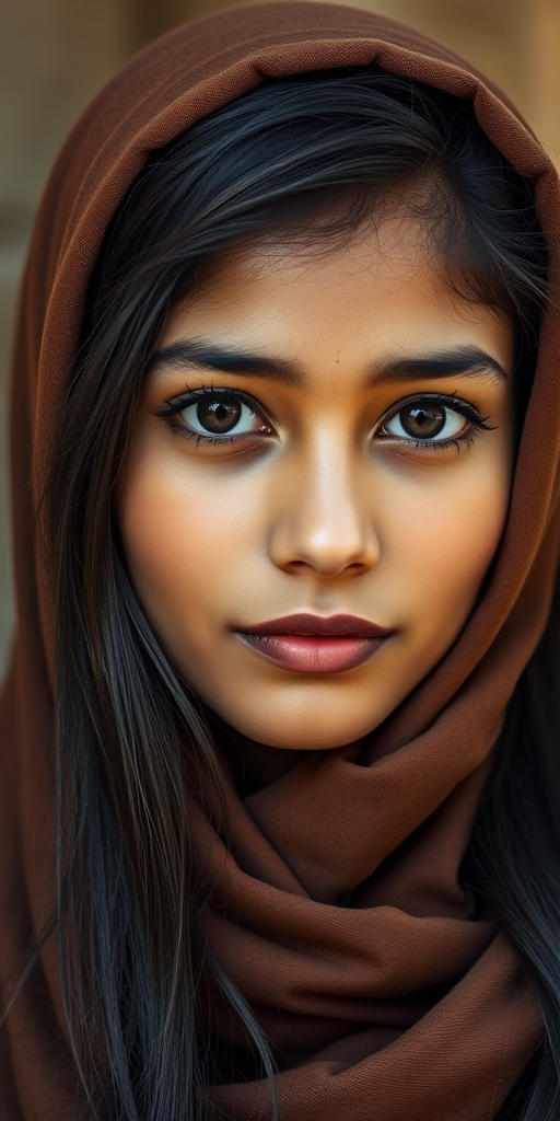 Create a portrait of a young Bangladeshi woman with long, dark hair and captivating hazel eyes. She is wearing a brown headscarf and a matching scarf draped gracefully around her neck. The background is softly blurred, focusing attention on her serene and natural expression. The overall color palette is muted and warm, enhancing the intimate and authentic feel of the portrait.