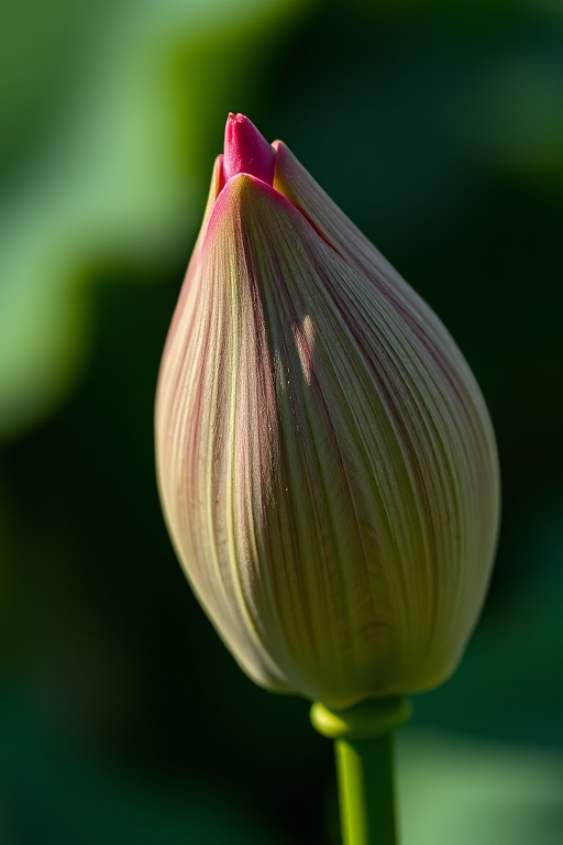 Capture a close-up shot of a lotus seed pod with a blurred dark green background, using a 50mm lens, aperture set to f/2.8 for shallow depth of field, ISO 100 for minimal noise, and a shutter speed of 1/200 sec in natural light to enhance details and texture.