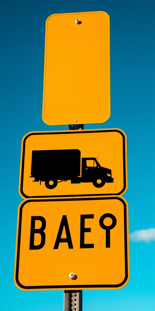 Create a high-resolution image of a truck silhouette on a yellow traffic sign with a clear blue sky background, using a DSLR camera with a 50mm lens, aperture set to f/8, shutter speed of 1/200s, ISO 100, taken from a slightly elevated angle.