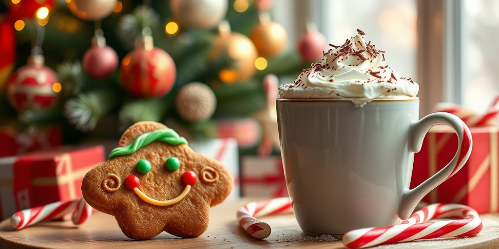 Create a cozy holiday scene featuring a gingerbread cookie with a smiling face and green icing details, placed next to a cup of hot cocoa topped with whipped cream and chocolate shavings. The background should have a softly lit Christmas tree adorned with ornaments and wrapped gifts, creating a warm, festive atmosphere. Include candy canes nearby for added holiday cheer.