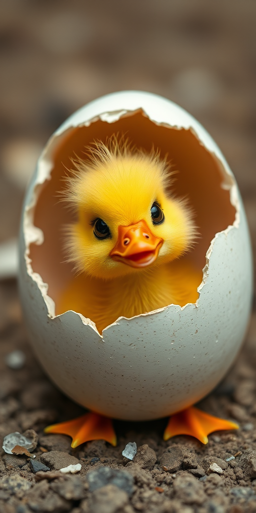 A cartoonish yellow duckling peeking out from a cracked eggshell, captured from a slightly above angle, using a 50mm lens, f/2.8 aperture, ISO 100, soft lighting, and a high-definition digital camera for enhanced clarity and color vibrancy.