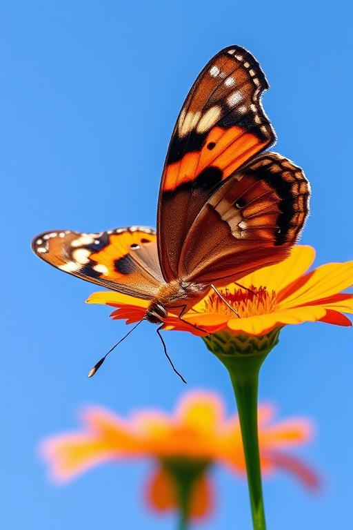 Generate an image of a butterfly perched on a vibrant orange flower with a clear blue sky in the background. The butterfly should display intricate patterns on its wings, featuring shades of brown, orange, and black, with white spots. The flower should have bright petals and a green stem.