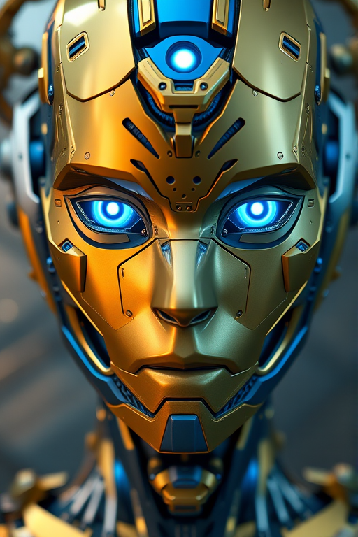 Generate a hyper-realistic image of a humanoid robot with intricate gold and blue metallic features and glowing blue eyes, using a Canon EOS R5, 85mm lens, f/1.4 aperture, ISO 100, 1/200 second shutter speed, focused on the face with a soft bokeh background.