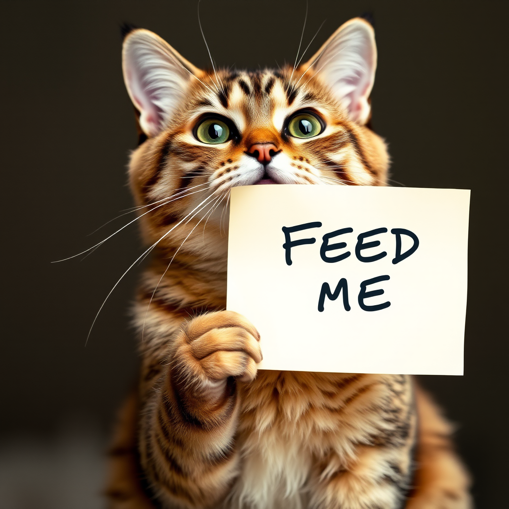 cat holding a note which says "FEED ME"