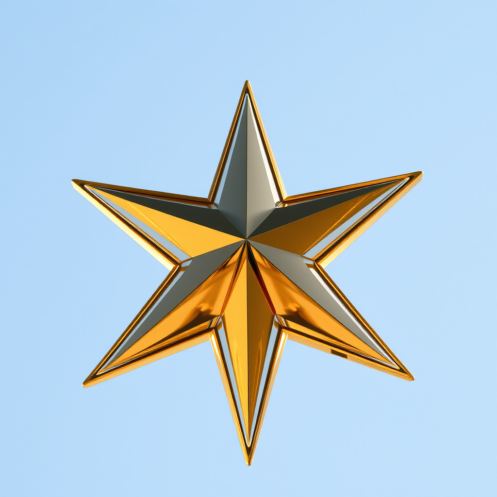Generate a high-resolution 3D golden star with smooth reflections, using a DSLR camera with a 50mm lens, aperture set to f/1.8, ISO 100, natural lighting, shot from a slight upward angle for depth.