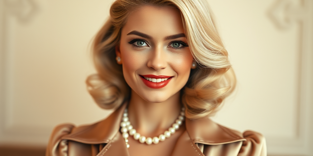 A beautiful woman reminiscent of 1950s Hollywood glamour, with perfectly styled blonde hair and a seductive smile, dressed in a satin blouse and adorned with pearls, soft and warm tones, photorealistic, 8K
