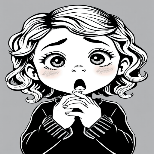 The image is a black and white illustration of a young girl with curly hair. She has a surprised expression on her face with her mouth open and her hands clasped together in front of her chest. Her eyes are wide and her eyebrows are furrowed. Her hair is styled in loose curls that are cascading down her back. The overall mood of the image is one of shock or surprise.