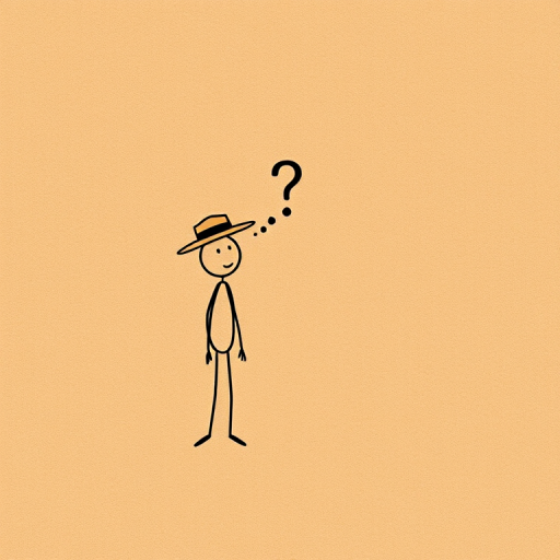 Create an illustration of a stick figure wearing a fedora standing thoughtfully next to a question mark sign on a textured brown paper background, using a Canon EOS R5 with a 50mm f/1.2 lens, aperture set to f/2.8, ISO 200, shot in soft natural light from a 45-degree angle to enhance depth and detail.
