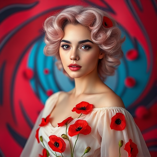 A portrait of a woman with pastel pink hair styled in voluminous curls, wearing a flowing dress adorned with red poppies, set against a vibrant, swirling background of reds and blues, shot in high resolution with a Canon EOS R5, 85mm lens, f/1.8 aperture, ISO 100, soft focus and natural lighting to enhance colors and details.