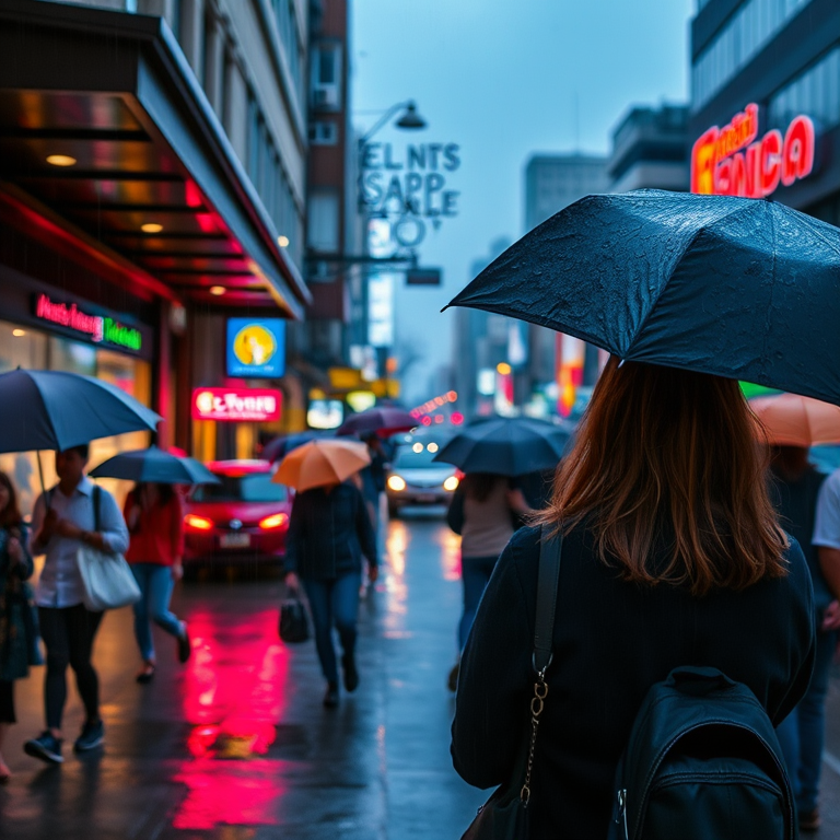 Busy street during a rainy evening, umbrellas dot the crowd, reflecting neon lights on the wet pavement, a woman stands under a storefront awning, watching the cars pass by.