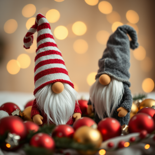 Create a cozy holiday scene featuring two gnome figurines, one with a striped red and white hat and the other with a gray hat, surrounded by red and gold ornaments, softly blurred fairy lights in the background, shot with a Canon EOS R5, ISO 100, aperture f2.8, 50mm lens, in warm lighting for enhanced focus and depth.