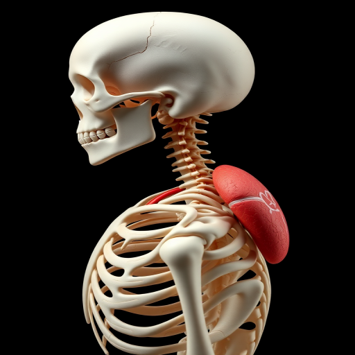 Create a highly detailed 3D anatomical illustration of a human skeleton and internal organs from a side view with a black background, using a DSLR camera, 50mm lens, aperture f/8, ISO 100, and HDR imaging for enhanced clarity and depth.