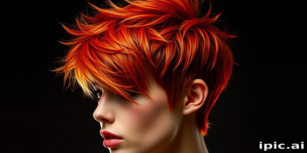 Dramatic shot of a model with Flame Fusion hair, a bold mix of reds and oranges in a short, spiky pixie cut with longer pieces framing the face