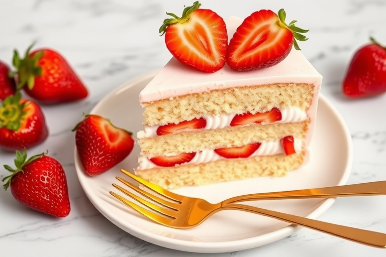 A slice of layered vanilla cake with strawberry filling and frosting topped with fresh strawberries on a white plate with a gold fork on a marble surface