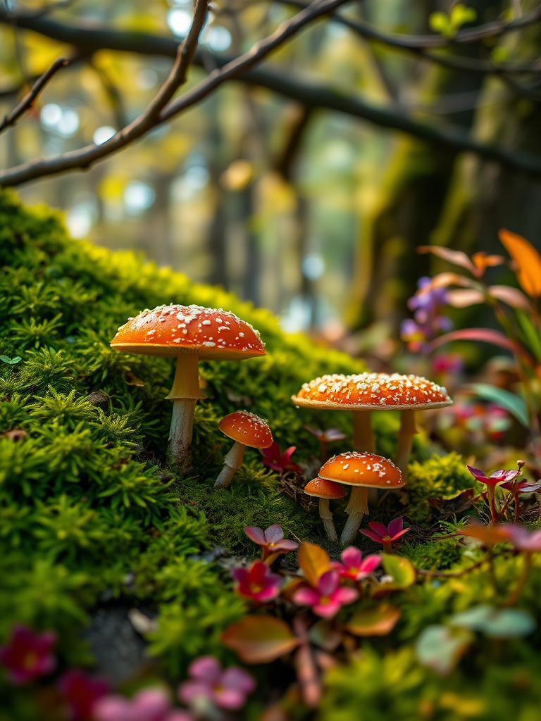 mystical forest scene featuring vibrant mushrooms with orange caps and white spots, surrounded by lush green moss and colorful plants, soft ethereal lighting filtering through tree branches, macro view, high dynamic range photography, f/2.8 aperture, 100mm lens, ISO 200, natural light, DSLR camera