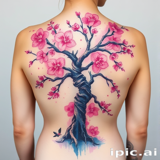 Vibrant watercolor tattoo adorning the entire back, featuring a sprawling cherry blossom tree with petals cascading down the spine, branches extending across shoulder blades in soft pink and purple hues