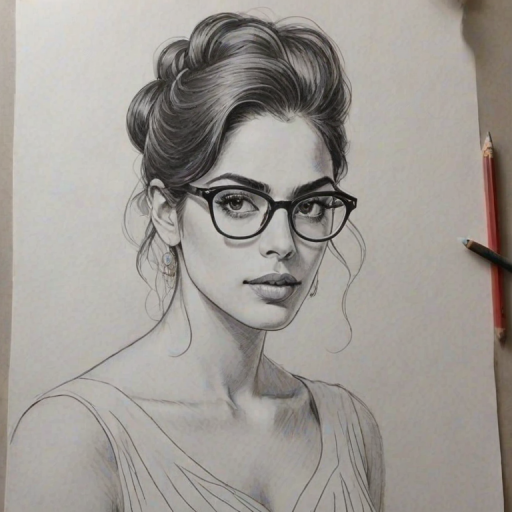 Charming Inbar Lavi, pencil sketch, portrait of Elegant woman 1966s in glasses, hair style beatnik, outline, clear lines, fine lines, 8k