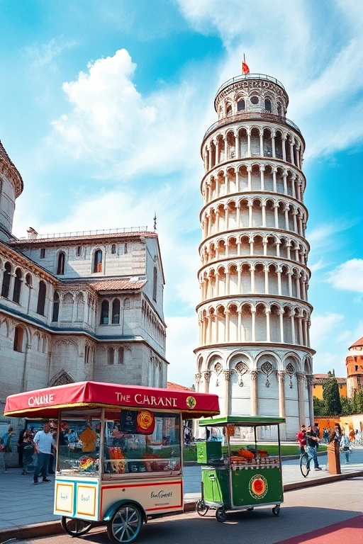 Generate a watercolor-style image of the Leaning Tower of Pisa with a food cart in the foreground, captured from a low angle using a Canon EOS R5 at f/8, ISO 100, 1/250s, with a wide lens to emphasize the tower's height and the surrounding area, focusing on vibrant colors and sharp details.