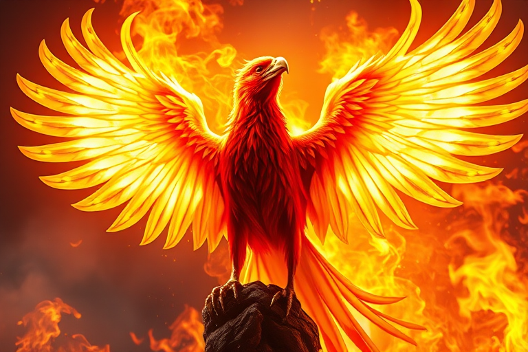 Generate a high-resolution digital illustration of a mythical phoenix rising from flames, captured with a Canon EOS R5, 50mm lens, aperture f/1.8, ISO 100, in vibrant colors and dynamic lighting, with a focus on intricate feather details and fiery effects.