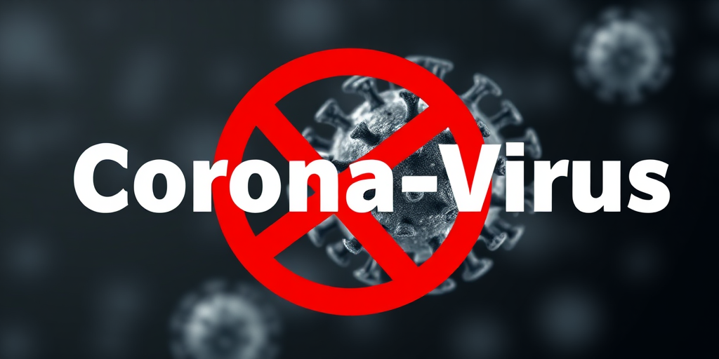 Create an image of a stylized coronavirus with a bold red prohibition sign over it, accompanied by the text "Corona-Virus" in a prominent font, using a Canon EOS R5 camera with a 24-70mm f/2.8 lens at f/5.6, ISO 100, and a shutter speed of 1/200s, in a high-contrast digital art style.